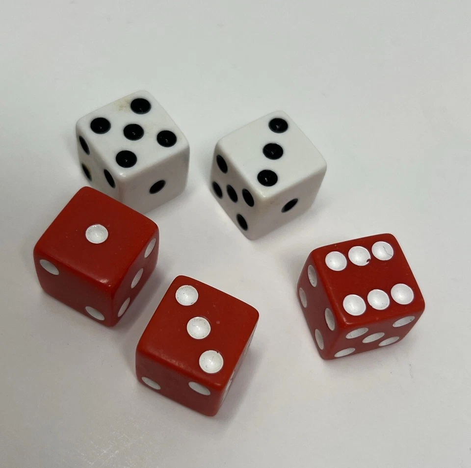 Risk Game Lot of 5 Dice Replacement Parts / Pieces 3 Red 2 White Die - Image 1 of 1