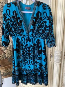 Hale Bob Silk Blend Burned Out Velvet Dress V Neck 3/4 Sleeve Elastic Waist S - Picture 1 of 6