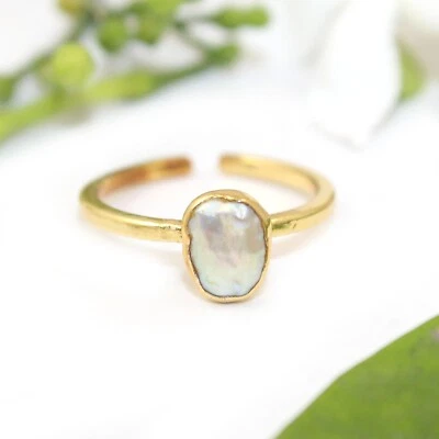 Natural Rough Biwa Pearl Birthsotne Ring Gold Electroplated Gift For Her - Image 1 of 2