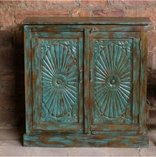Rustic Chakra Chest Floral Carved Door Sideboard, Teak, Cabinet Reclaimed Wood