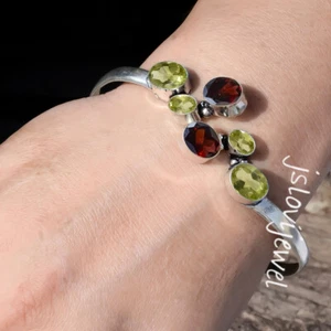 Faceted Peridot & Garnet Cut Gemstone 925 Sterling Silver Party Wear Bangle Cuff - Picture 1 of 5