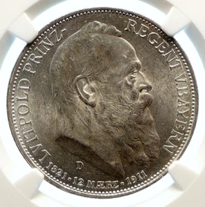 1911 D GERMANY Bavaria Otto I PRINCE LUITPOLD Old Silver 3 Mark Coin NGC i96165 - Picture 1 of 5