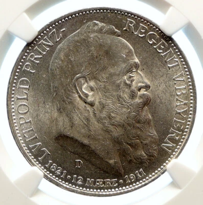 1911 D GERMANY Bavaria Otto I PRINCE LUITPOLD Old Silver 3 Mark Coin NGC i96165 - Image 1 of 4