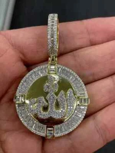 3.00 Ct Baguette Cut Real Moissanite Circle Allah Pendant 14K Yellow Gold Plated - Picture 1 of 11