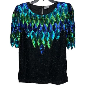 Vintage 100% Seide Bluse Oberteil Pailletten Perlen Kurzarm S/M? Grün Blau Schwarz - Bild 1 von 9