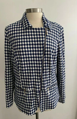 Chico's Blue and White Gingham Plaid Moto Jacket sz 2 New NWT - Image 1 of 4