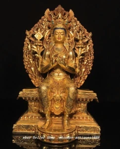 Estatua de Buda Boddhisattva de la diosa Guanyin Kwan-Yin dorada de bronce de China antigua de 11,8" - Imagen 1 de 9