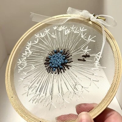Embroidered Dandelion On Tulle With 6 Inch Hoop Frame, White Hand Embroidered. - Image 1 of 2