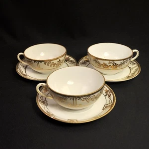 Noritake Nippon 3 Cups & Saucers Hand Painted Raised Gold on White 1911-1918 HTF - Picture 1 of 12