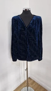 Jigsaw blue velvet top size 16 womens long sleeve sheer v neck patterned - Picture 1 of 8