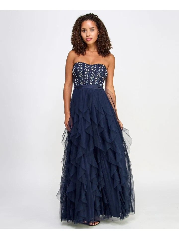 Pear Culture Juniors' Embellished Ruffled Strapless Gown Navy Size 3