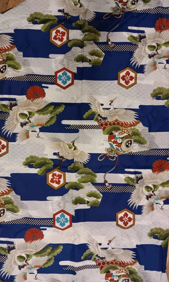 Vtg Blue Asian Crane Print Rayon Japanese Inspired Fabric Floral 44x" 97" - Image 1 of 1