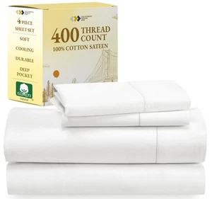 King Bed Sheets Set - Soft 400 Thread Count Sateen, 100% Cotton Sheets, Deep ... - Picture 1 of 9