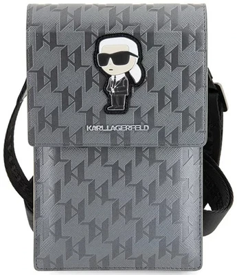 Genuine Karl Lagerfeld Monogram Smartphone Shoulder Bag with Card Slots Silver - Image 1 of 4