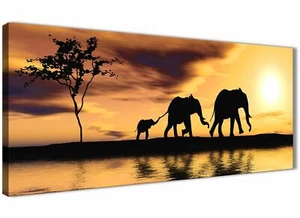 African Sunset Elephants Animal Canvas Wall Art in Mustard Yellow - Picture 1 of 20