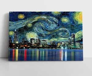Starry Night Chicago Skyline Vincent Van Gogh Painting on Canvas Wall Art Print - Picture 1 of 11