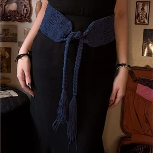 Woven Tassel Waist Belt Women's Large Navy Blue Braided Rope Bohemian - Picture 1 of 5