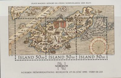 Исландия 1991 сувенирный лист #740 NORDIA '91 (1539 карта Олауса Магнуса) - MNH - Изображение 1 из 4