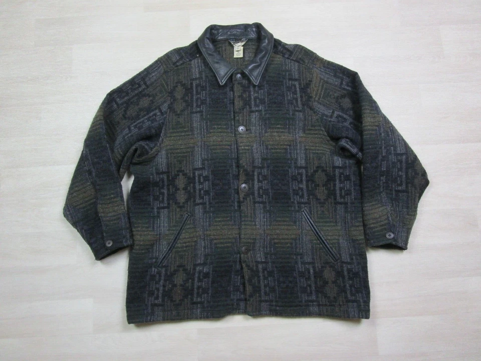 Eddie Bauer Wool Jacket Tweed Leather Collar VTG USA Made Long Overcoat Mens XL - Image 1 of 4