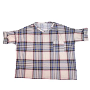 Top Womens Small Boyfriend Style Oversized Tartan Plaid Relaxed Soft Knit Shirt - Picture 1 of 7