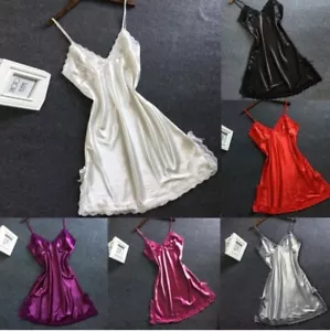 ** NEW ** Satin Sexy Nightie Bowknot Lace Lingerie Nightdress V-neck US Seller - Picture 1 of 16