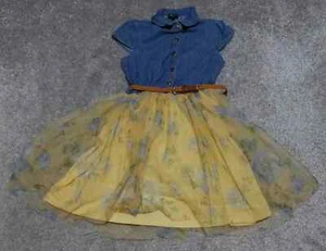 Pink & Violet Denim Mesh Dress Girl's Size 12 Blue Yellow Button With Belt - Picture 1 of 8