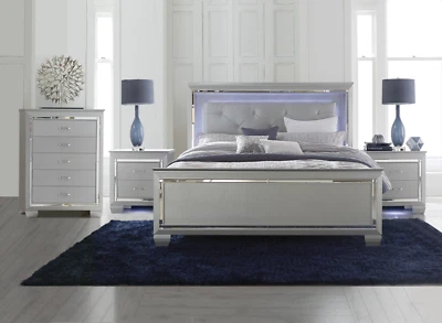 NEW Silver LED 3PC Queen or King Modern Bedroom Set - Bed, Nightstand, Chest - Image 1 of 4