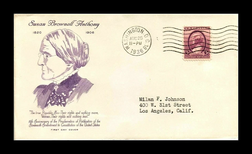 784 3c Stamp (1936) SUSAN B. ANTHONY FDC - GRIMSLAND CACHETS - PLANTY 784 - 41b - Image 1 of 1