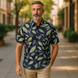 Camicia uomo Island Shores taglia XL blu verde bianco foglie hawaiane tropicali - Foto 1 di 10