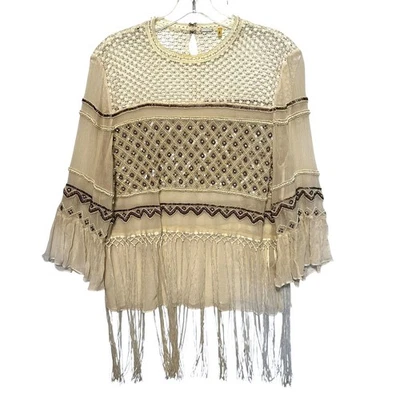 Elie Tahari Aislin Silk Top Womens Large Fringe Beaded Evening Blouse **FLAW - Image 1 of 4