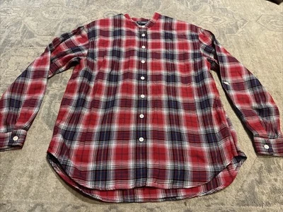 Vintage Liz Wear shirt size Medium button down red blue plaid mandarin collar - Image 1 of 4