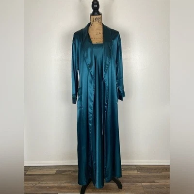 Cabernet Sleepwear Satin Robe Nightgown Set Size S Teal Lace Trim  Long Sleeves - Image 1 of 4