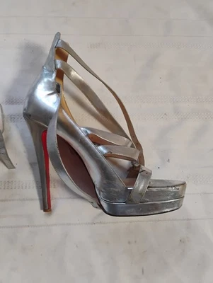 Christian Louboutin Metallic Silver Ankle Straps Leather Heels Sz 39 - Image 1 of 4