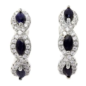 GENUINE AAA BLUE SAPPHIRE MARQUISE & WHITE CZ STERLING 925 SILVER HUGGIE EARRING - Picture 1 of 6