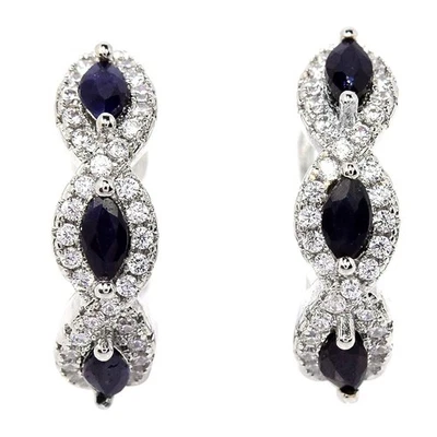GENUINE AAA BLUE SAPPHIRE MARQUISE & WHITE CZ STERLING 925 SILVER HUGGIE EARRING - Image 1 of 4
