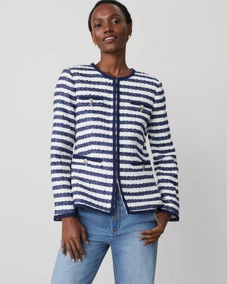 CHAQUETA AJUSTADA NUEVA ANN TAYLOR $179 AZUL BLANCO A RAYAS BOUCLE TWEED TALLA 2 Foto 1 de 3