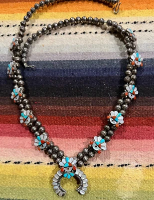 VINTAGE SMALL ZUNI SUN GOD SQUASH BLOSSOM NECKLACE TURQUOISE MOP CORAL ONYX 20" - Image 1 of 4
