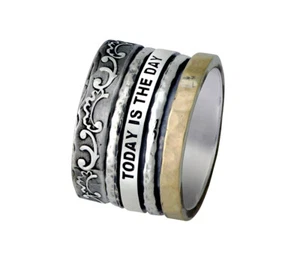Spinner Contemporary Two Tone Solid 9k Yellow Gold Sterling Silver Ring Size - Picture 1 of 9