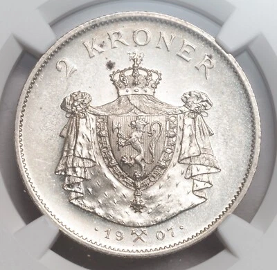 1907, Kingdom of Norway, Haakon VII. Rare Silver 2 Kroner Coin. NGC MS-63! - Image 1 of 3