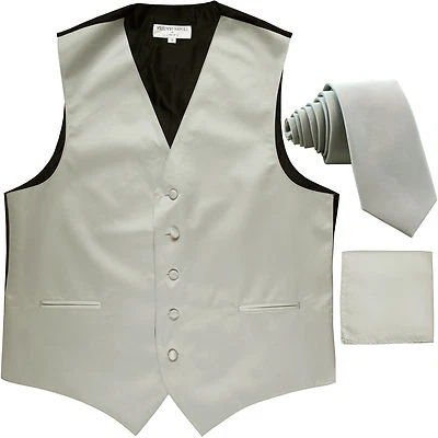 New Men's Silver formal vest Tuxedo Waistcoat_2.5" necktie & hankie set wedding - Image 1 of 4