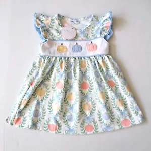 Abby & Evie 12 Mo Girl's Boutique Cotton Pumpkin Blue Embroidered Ruffle Dress - Picture 1 of 5