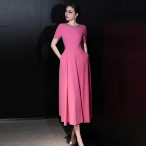 Luxury Summer Women's Round Neck Short Sleeve Fashion A-Line Evening Party Dress - Picture 1 of 26
