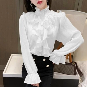Lady Chiffon Ruffles Shirt Tops Blouse Flare Sleeve Sweet Lolita Frill Top Slim - Picture 1 of 15
