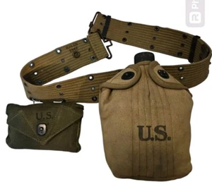 Original US Army WWII 1942 Dated Pistol Web Belt Khaki W/ Canteen And First Aid! - Picture 1 of 12