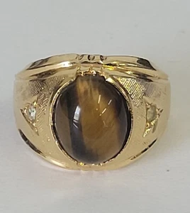 Vintage 18KT Gold HGE Tiger’s Eye Ring Sz 7/8 - Picture 1 of 10