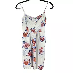 Garage Women's White Pink Floral Smocked Back Mini Dress Size XS Pockets - Picture 1 of 16