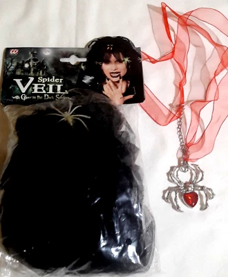 HALLOWEEN VELETTA NERA CON RAGNO FOSFORESCENTE E CIONDOLO RAGNO ARGENTO E ROSSO - Immagine 1 di 4