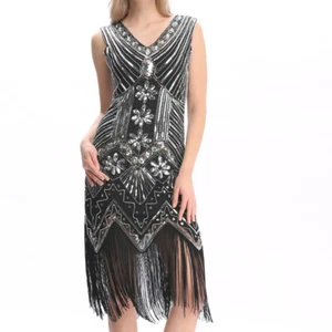 1920S 30S Vestido con aletas Gran Gatsby Art Deco Cuentas de lentejuelas Flecos Vestido Custume - Imagen 1 de 4