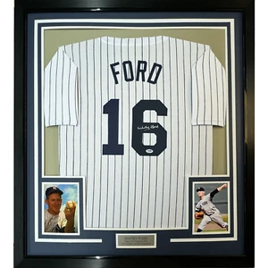 FRAMED Autographed/Signed WHITEY FORD 33x42 Pinstripe Jersey PSA COA #3 - Picture 1 of 2