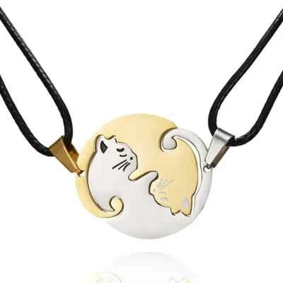 2 Piece Gold & Silver Cat Matching Necklace Couple Cute Pendant Love BFF, Gift Foto 1 de 4